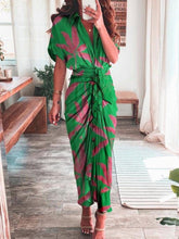 Load image into Gallery viewer, Tie Front Maxi Dress, Ruched Maxi Dress, Wrap Front tie Dress, front tie shirt dress, downdress, wrap maxi dress, boho maxi dress, ladies button up dress shirts, plus size easter dress, plus size prom &amp; dance dresses, cute plus size dresses with sleeves, green wrap maxi front tie maxi dress. 