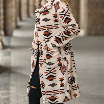 Aztec print women's long line coat, Long Overcoat,  Women's outerwear, women's overcoat, women's coats & jackets, long parka coat, trench coat women, womens winter clothing, womens dressy winter coats, women's plus size coats, plus size parka coat, plus size parka, womens outdoor coat, womens long parka coat, black friday coat sale.