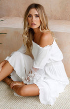 Load image into Gallery viewer, white lace off-the-shoulder-maxi dress, Off the Shoulder Maxi Dress, Lace Maxi Dress Boho, off shoulder long dress, Tiered Ruffle Maxi Dress, Long Maxi Dress, Bohemian Maxi Dress, lace off the shoulder maxi dress, tiered dress maxi, lace white dress, off shoulder dress with sleeves, white lace long sleeve dress, white lace maxi dress, white lace summer dress, lace white evening dress, ruffle neckline off shoulder dress.