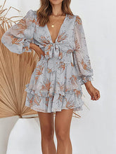 Load image into Gallery viewer, Plunging V neck dress, lace dress, floral lace dress, V neck lace dress, Floral ruffle dress, tiered ruffle dress, Short lace dress, Ruffle Dress, Floral dress, floral ruffle dress, lace dress, floral embossed dress, Lantern Sleeves Dress, Short Cocktail Dresses, cute summer dress, lace dress with sleeves, short floral embossed lace dress, lavender dress, plunging v neck dress for date night with lace, Plus size ruffle dress.