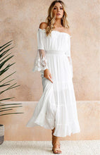 Load image into Gallery viewer, white lace off-the-shoulder-maxi dress, Off the Shoulder Maxi Dress, Lace Maxi Dress Boho, off shoulder long dress, Tiered Ruffle Maxi Dress, Long Maxi Dress, Bohemian Maxi Dress, lace off the shoulder maxi dress, tiered dress maxi, lace white dress, off shoulder dress with sleeves, white lace long sleeve dress, white lace maxi dress, white lace summer dress, white lace long sleeve homecoming dress.