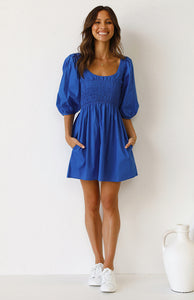 casual Friday outfits, lantern sleeves dress, solid color dress, cute short dress, blue cute short dress, short frock, stylish frock dress, frocks and fashion, nice frock, lantern sleeve, cute outfits with dark blue jeans, street casual attire, casual dress, 80's casual wear
