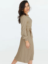 Load image into Gallery viewer, crew neck sweater dress, Pleated Sweater Dress, Two Piece Skirt Set, Blazer Dress, Pleated Jumper Dress, Sweater Dress, Knitted jumper dress, cute holiday party outfits. cute brunch outfits winter, Prom &amp; Homecoming, cute warm fall outfits, knitted Christmas pleated party dress, beige sweater dress, long sleeves dress.