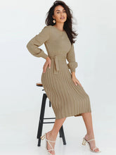 Load image into Gallery viewer, crew neck sweater dress, Pleated Sweater Dress, Two Piece Skirt Set, Blazer Dress, Pleated Jumper Dress, Sweater Dress, Knitted jumper dress, cute holiday party outfits. cute brunch outfits winter, Prom &amp; Homecoming, cute warm fall outfits, knitted Christmas pleated party dress, beige sweater dress, long sleeves dress.
