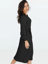 Load image into Gallery viewer, crew neck sweater dress, Pleated Sweater Dress, Two Piece Skirt Set, Blazer Dress, Pleated Jumper Dress, Sweater Dress, Knitted jumper dress, cute holiday party outfits. cute brunch outfits winter, Prom &amp; Homecoming, cute warm fall outfits, knitted Christmas pleated party dress, black sweater dress, long sleeves dress.
