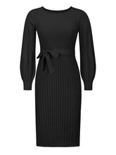 Load image into Gallery viewer, crew neck sweater dress, Pleated Sweater Dress, Two Piece Skirt Set, Blazer Dress, Pleated Jumper Dress, Sweater Dress, Knitted jumper dress, cute holiday party outfits. cute brunch outfits winter, Prom &amp; Homecoming, cute warm fall outfits, knitted Christmas pleated party dress, black sweater dress, long sleeves dress.