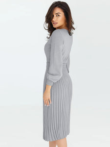 crew neck sweater dress, Pleated Sweater Dress, Two Piece Skirt Set, Blazer Dress, Pleated Jumper Dress, Sweater Dress, Knitted jumper dress, cute holiday party outfits. cute brunch outfits winter, Prom & Homecoming, cute warm fall outfits, knitted Christmas pleated party dress, grey sweater dress, long sleeves dress.