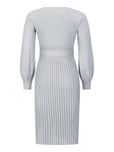 Load image into Gallery viewer, crew neck sweater dress, Pleated Sweater Dress, Two Piece Skirt Set, Blazer Dress, Pleated Jumper Dress, Sweater Dress, Knitted jumper dress, cute holiday party outfits. cute brunch outfits winter, Prom &amp; Homecoming, cute warm fall outfits, knitted Christmas pleated party dress, grey sweater dress, long sleeves dress.