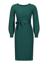 Load image into Gallery viewer, crew neck sweater dress, Pleated Sweater Dress, Two Piece Skirt Set, Blazer Dress, Pleated Jumper Dress, Sweater Dress, Knitted jumper dress, cute holiday party outfits. cute brunch outfits winter, Prom &amp; Homecoming, cute warm fall outfits, knitted Christmas pleated party dress, green sweater dress, long sleeves dress.