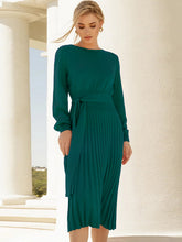 Load image into Gallery viewer, crew neck sweater dress, Pleated Sweater Dress, Two Piece Skirt Set, Blazer Dress, Pleated Jumper Dress, Sweater Dress, Knitted jumper dress, cute holiday party outfits. cute brunch outfits winter, Prom &amp; Homecoming, cute warm fall outfits, knitted Christmas pleated party dress, green sweater dress, long sleeves dress.