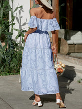Load image into Gallery viewer, Tiered Ruffle Maxi Dress, Off the Shoulder Maxi Dress, Lace Maxi Dress Boho, floral tiered maxi dress, maxi dress off the shoulder, Long Maxi Dress, Bohemian Maxi Dress, lace off the shoulder maxi dress, tiered dress maxi, cold shoulder maxi dress, Off the shoulder maxi dress casual, off the shoulder maxi, plus size off the shoulder maxi dresses, blue tiered maxi dress, blue lace maxi dress, cold shoulder maxi dress, lace maxi dress.