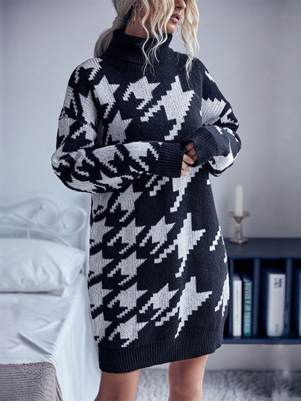 Turtleneck Sweater Dress, Knit Turtleneck Dress, Houndstooth sweater dress, Womens jumper, Jumper Dress, Houndstooth Sweater, turtleneck sweater dress with sleeves, Oversize Turtleneck sweater, oversized turtleneck sweater dress, Oversized sweater dress, cute new years eve outfits, Cute warm fall outfits, Long sleeve knit dress, black houndstooth sweater dress, houndstooth sweater dress with sleeves, Christmas party wear.