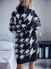 Load image into Gallery viewer, Turtleneck Sweater Dress, Knit Turtleneck Dress, Houndstooth sweater dress, Womens jumper, Jumper Dress, Houndstooth Sweater, turtleneck sweater dress with sleeves, Oversize Turtleneck sweater, oversized turtleneck sweater dress, Oversized sweater dress, cute new years eve outfits, Cute warm fall outfits, Long sleeve knit dress, black houndstooth sweater dress, houndstooth sweater dress with sleeves, Christmas party wear.
