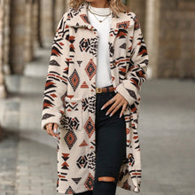 Load image into Gallery viewer, Aztec print women&#39;s long line coat, Long Overcoat,  Women&#39;s outerwear, women&#39;s overcoat, women&#39;s coats &amp; jackets, long parka coat, trench coat women, womens winter clothing, womens dressy winter coats, women&#39;s plus size coats, plus size parka coat, plus size parka, womens outdoor coat, womens long parka coat, black friday coat sale.