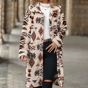 Aztec print women's long line coat, Long Overcoat,  Women's outerwear, women's overcoat, women's coats & jackets, long parka coat, trench coat women, womens winter clothing, womens dressy winter coats, women's plus size coats, plus size parka coat, plus size parka, womens outdoor coat, womens long parka coat, black friday coat sale.