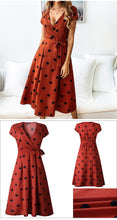 Load image into Gallery viewer, Red Polka Dots, Retro Polka Dot Dress, Plunging V neck Dress