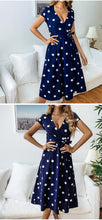 Load image into Gallery viewer, Blue Polka Dots, Retro Polka Dot Dress, Plunging V neck Dress