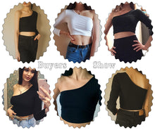 Load image into Gallery viewer, of shoulder crop top, knitted crop top, black off the shoulder crop top, off shoulder knit top