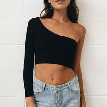 Load image into Gallery viewer, of shoulder crop top, knitted crop top, black off shoulder crop top