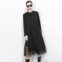 Load image into Gallery viewer, long sleeve black cotton sweater dress, net mesh dress