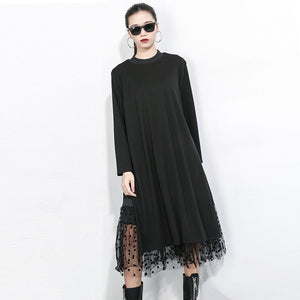 long sleeve black cotton sweater dress, net mesh dress