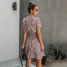 Load image into Gallery viewer, Leopard print ruffle dress, Summer Dresses, Ruffle smock dress, Smock dress, cute short casual dresses, leopard print button dress, ruffle hem dress, Ruffle Tiered dress, Tiered Smock Dress, frill frock, casual Friday outfits, 80&#39;s casual wear, cute converse outfits, cute dressy, casual summer dresses, Hilton ruffled dress, pink leopard print dress, pink leopard print.