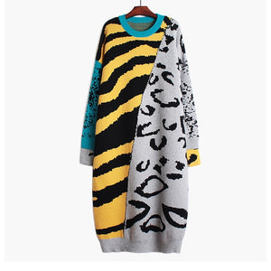 knit dress, colorblock sweater dress, leopard print dress