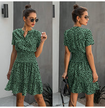 Load image into Gallery viewer, Leopard print ruffle dress, Summer Dresses, Ruffle smock dress, Smock dress, cute short casual dresses, leopard print button dress, ruffle hem dress, Ruffle Tiered dress, Tiered Smock Dress, frill frock, casual Friday outfits, 80&#39;s casual wear, cute converse outfits, cute dressy, casual summer dresses, Hilton ruffled dress, green leopard print , green leopard print dress, plus size ruffle dress, plus size cute dress.