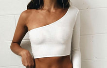 Load image into Gallery viewer, of shoulder crop top, knitted crop top, white off the shoulder crop top
