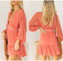 Load image into Gallery viewer, Lace Dress, Plunging V neck Dress, Peach Boho Dress
