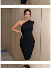 Load image into Gallery viewer, bodycon bandage dress, one shoulder cocktail dress, black bodycon midi dress, black midi cocktail dress, one shoulder midi dress, bodycon bandage dress, black bodycon dress, black bandage dress, black midi bodycon dress, Women&#39;s Cocktail &amp; Party Dresses, prom &amp; dance dresses, christmas party midi dress, nye cocktail dresses, mini cocktail &amp; party dresses.
