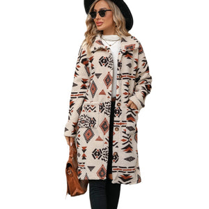 Aztec print women's long line coat, Long Overcoat,  Women's outerwear, women's overcoat, women's coats & jackets, long parka coat, trench coat women, womens winter clothing, womens dressy winter coats, women's plus size coats, plus size parka coat, plus size parka, womens outdoor coat, womens long parka coat, black friday coat sale.